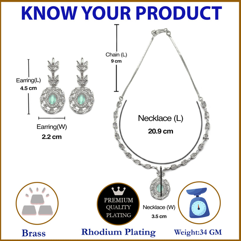 Rhodium-Plated Silver Tone Square Sea Green American Diamond Studded Necklace with Earring Jewellery Set