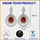 Rhodium Plated Silver Toned with Teardrop Shaped White American Diamond Drop Earrings