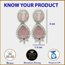 Rhodium Plated with Pink & White American Diamond Small Drop Earrings