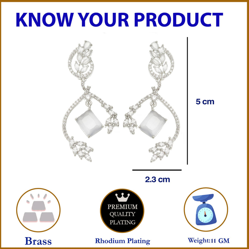 Rhodium-Plated Grey American Diamond studded Square & Leaf Shaped Drop Earrings