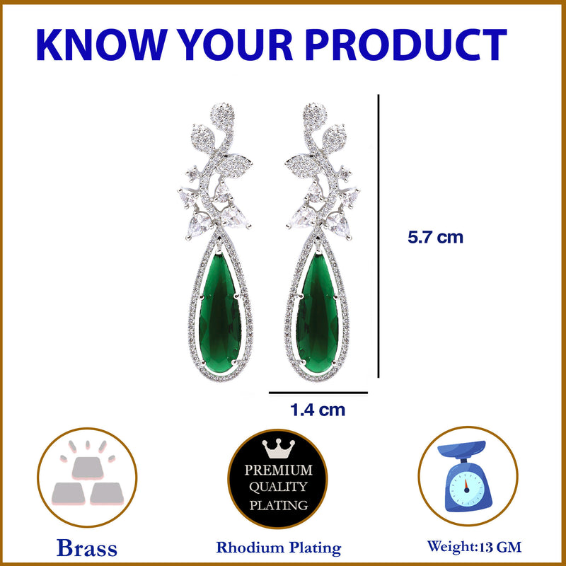 Rhodium-Plated Green American Diamond studded Teardrop & Leaf Shaped Drop Earrings