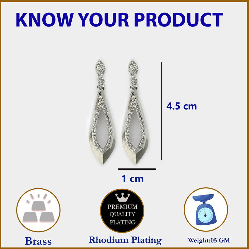 Rhodium Plated Silver Toned with Stylish American Diamond Small Drop Earrings
