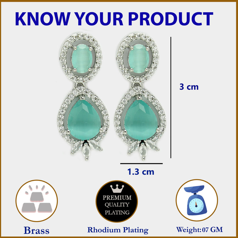 Rhodium Plated with Ocean Blue & White American Diamond Small Drop Earrings