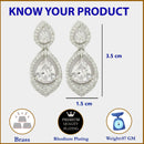 Rhodium Plated with White American Diamond Dual Teardrop Design Drop Earrings