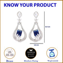Rhodium Plated Quirky Blue AD Stone Contemporary Long Drop Earrings