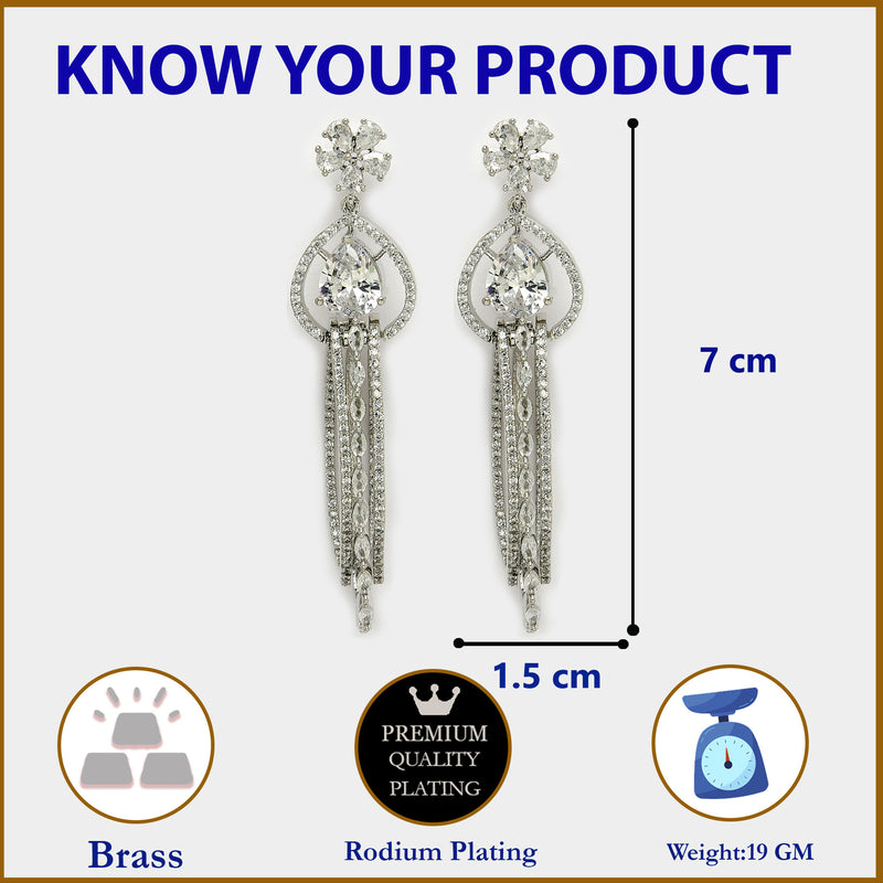 Rhodium Plated with Cluster Design White American Diamond Dangler Earrings