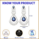 Rhodium-Plated Navy Blue American Diamond studded Teardrop & Leaf Shaped Drop Earrings