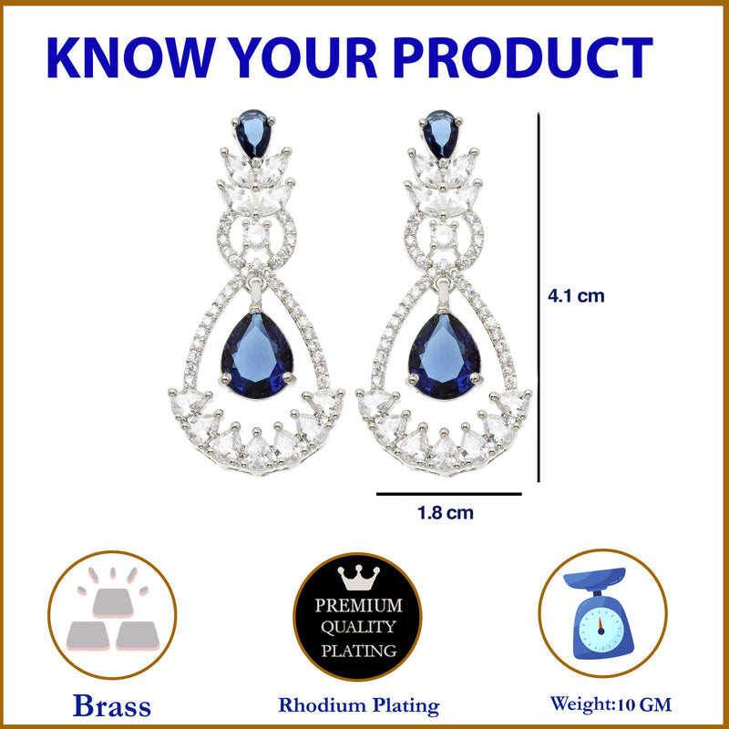 Rhodium-Plated Navy Blue American Diamond studded Teardrop & Leaf Shaped Drop Earrings