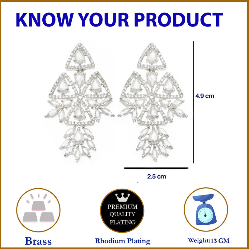 Rhodium-Plated White American Diamond studded Triangular Shaped Drop Earrings
