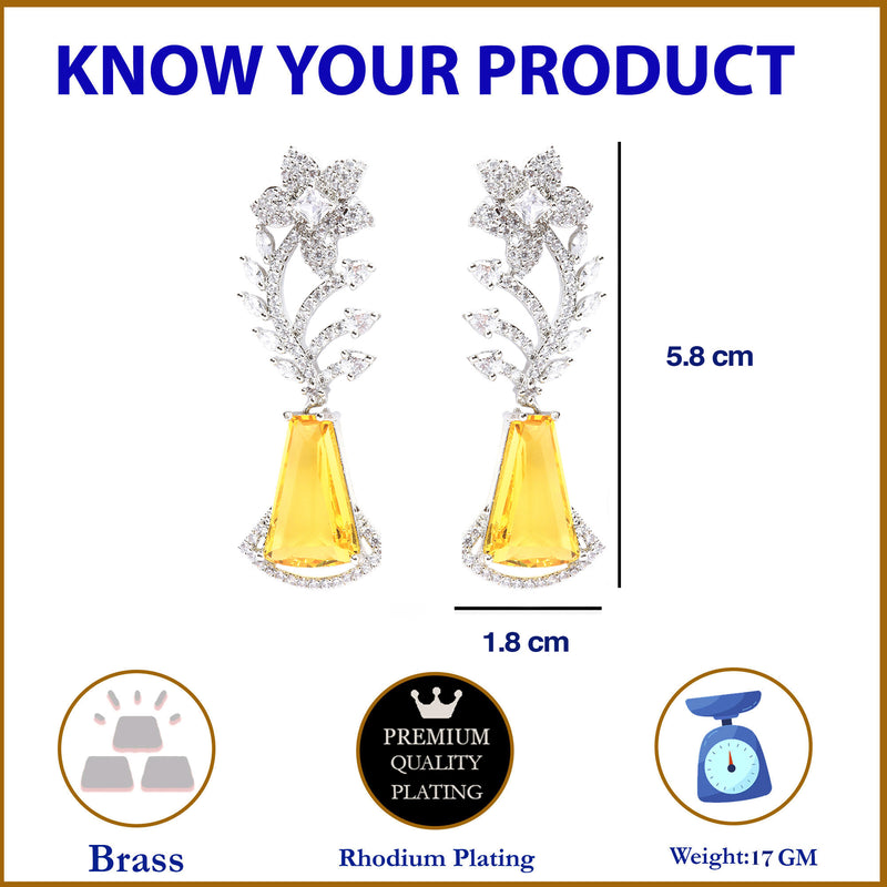 Rhodium-Plated Yellow & White American Diamond studded Floral Theme Drop Earrings