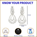 Rhodium Plated Teardrop & Leaf White American Diamond Contemporary Long Drop Earrings
