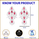 Rhodium-Plated Red & White American Diamond studded Triangular Shaped Drop Earrings