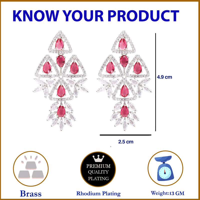 Rhodium-Plated Red & White American Diamond studded Triangular Shaped Drop Earrings