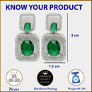Rhodium Plated with Green American Diamond Stylish Square Shaped Small Drop Earrings