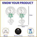 Rhodium-Plated Green American Diamond studded Handcrafted Peacock Shaped Drop Earrings