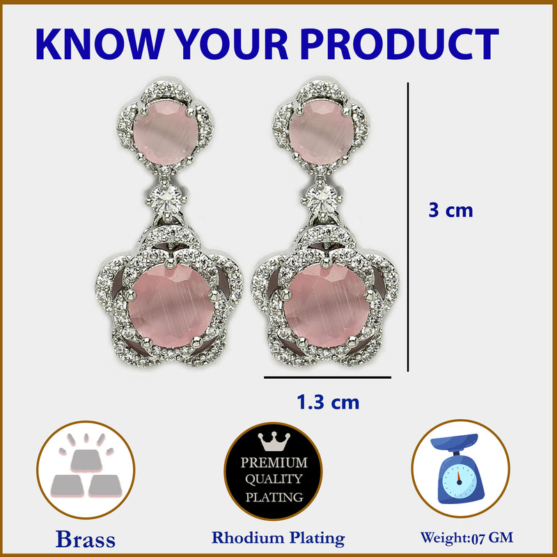 Rhodium Plated with Dual Pink American Diamonds Drop Earrings