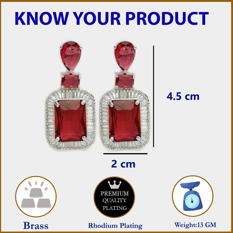 Rhodium Plated Silver Toned with Red American Diamond Small Drop Earrings