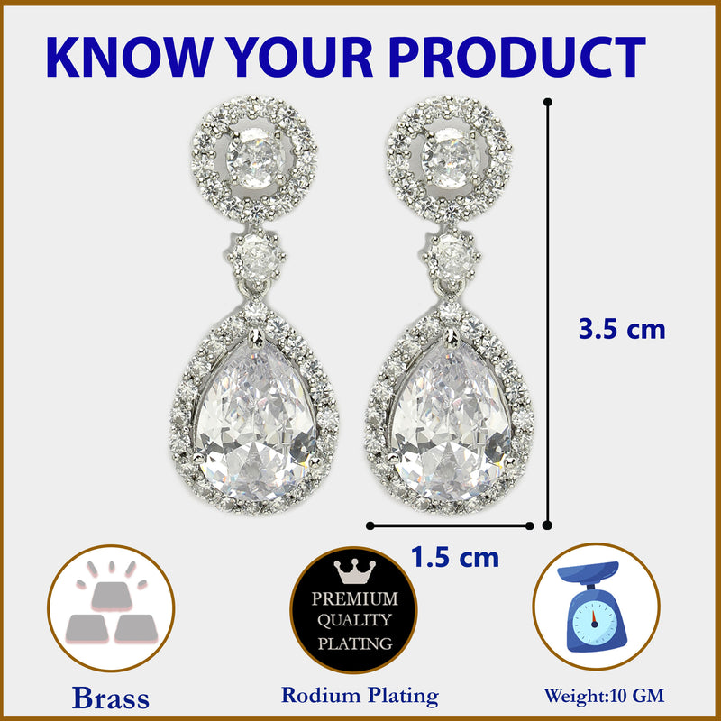 Rhodium Plated with White American Diamond Circular & Teardrop Shaped Drop Earrings