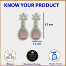 Rhodium Plated Silver Toned Pink American Diamond Small Drop Earrings