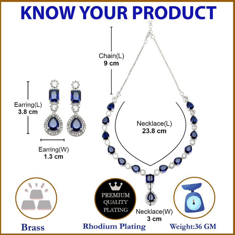 Rhodium-Plated Navy Blue American Diamond Studded Fashionable Necklace & Earrings Jewellery Set