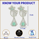 Rhodium Plated Geometric Floral Sea Green American Diamond Contemporary Long Drop Earrings