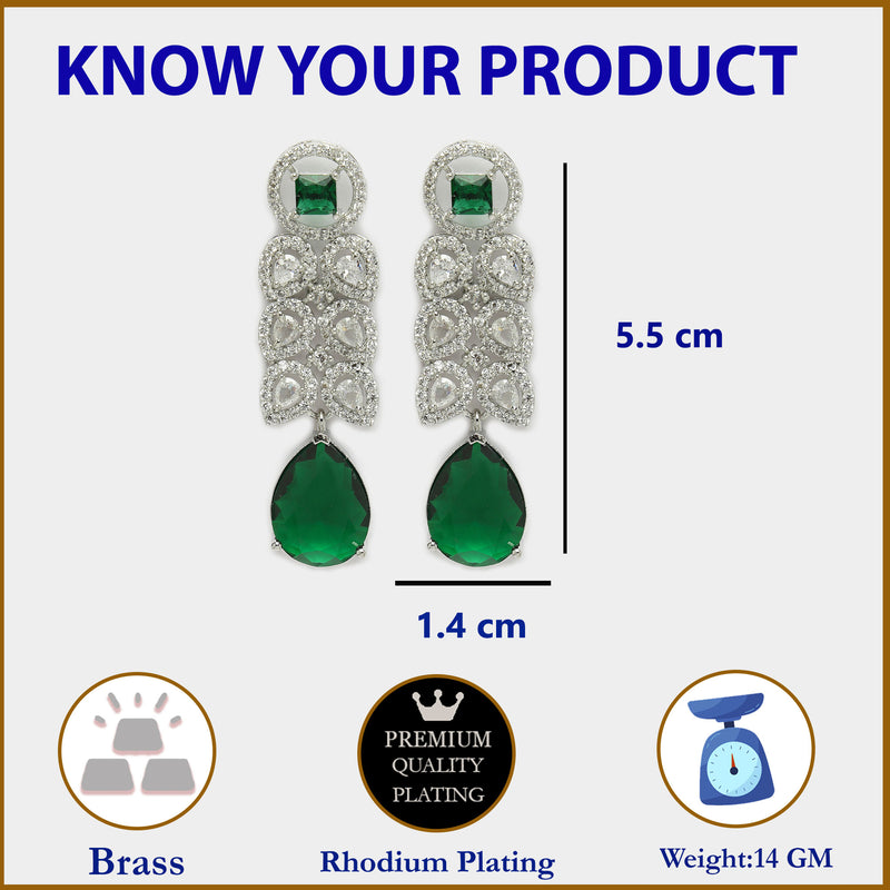 Rhodium Plated Silver Toned with Green American Diamond Small Drop Earrings