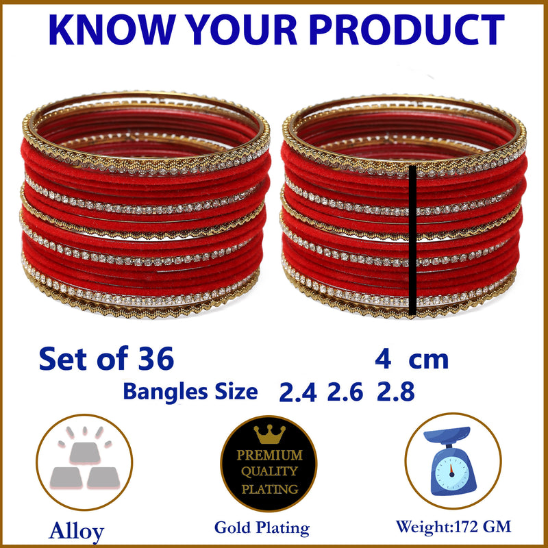 Gold-Plated Red Matte Finish Velvet White American Diamonds Studded Bangles Set Of 36