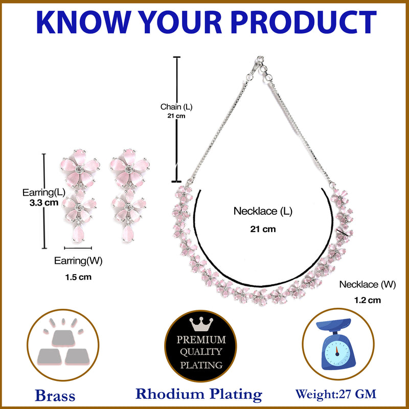 Rhodium-Plated with Silver-Tone Pink American Diamond-Studded Jewellery Set