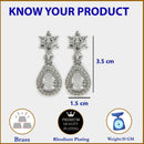 Rhodium Plated Starburst White American Diamond Contemporary Drop Earrings