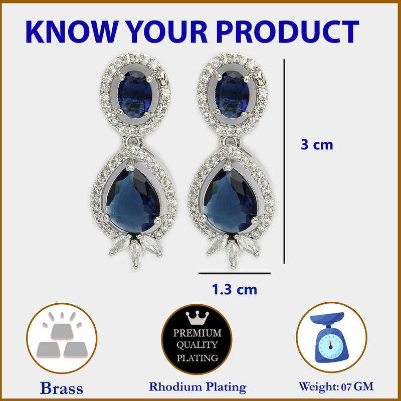 Rhodium Plated with Blue & White American Diamond Small Drop Earrings