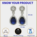 Rhodium Plated with Blue & White American Diamond Circular & Teardrop Shaped Drop Earrings