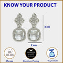 Rhodium Plated Cushion Cut White American Diamond Contemporary Long Drop Earrings
