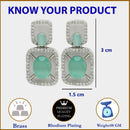 Rhodium Plated with Ocean Blue American Diamond Stylish Square Shaped Small Drop Earrings