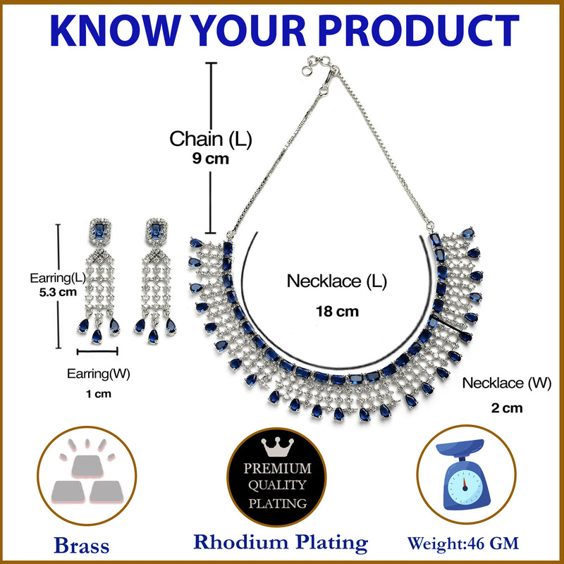 Rhodium-Plated with Silver-Toned Navy Blue American Diamond Studded Jewellery Set
