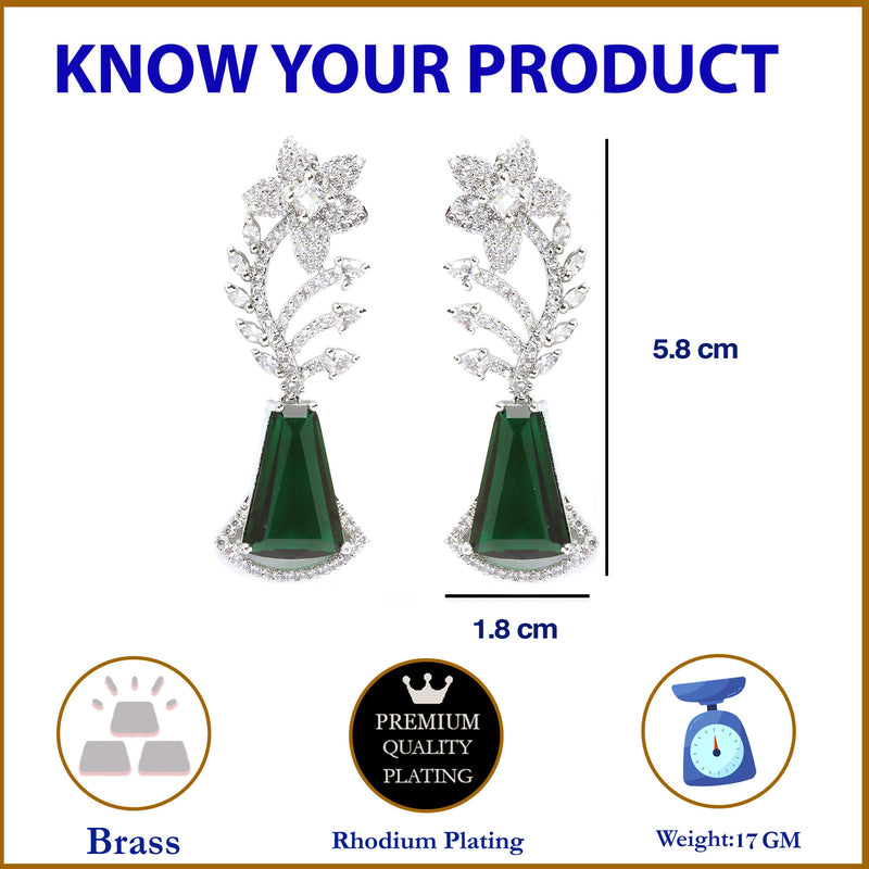 Rhodium-Plated Green & White American Diamond studded Floral Theme Drop Earrings