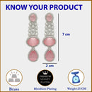 Rhodium Plated with Long Tear Drop Design Pink & White American Diamond Drop Earrings