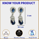 Rhodium Plated Silver Toned with Blue American Diamond Small Drop Earrings
