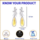 Rhodium Plated Leaf Yellow American Diamond Contemporary Long Drop Earrings