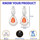 Rhodium-Plated Orange American Diamond studded Teardrop & Leaf Shaped Drop Earrings