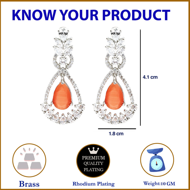 Rhodium-Plated Orange American Diamond studded Teardrop & Leaf Shaped Drop Earrings