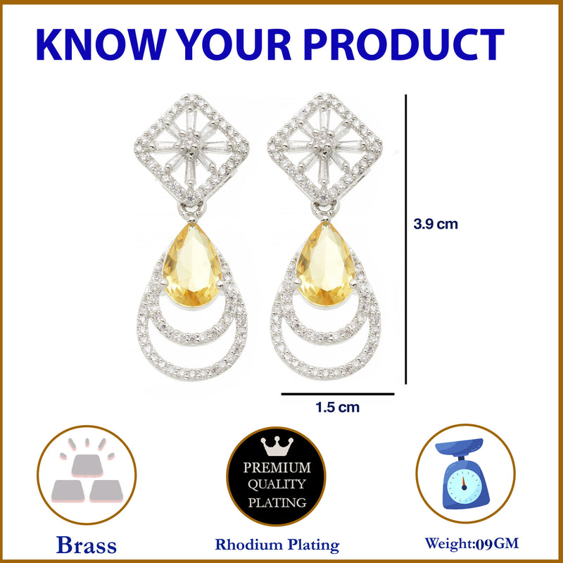 Rhodium-Plated Yellow American Diamond studded Handcrafted Teardrop Layered Drop Earrings