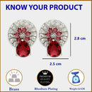 Rhodium Plated with Red & White American Diamonds Circular Shaped Stud Earrings