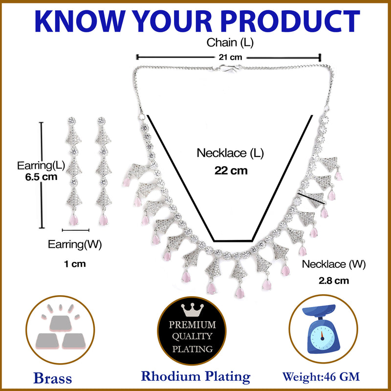 Rhodium-Plated with Silver-Tone Pink & White American Diamond Stone Studded & Beaded Jewellery Set