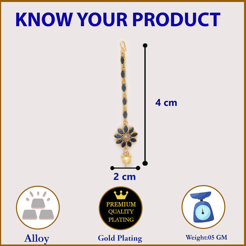 Gold Plated Blue Pearl Studded Maang Tikka