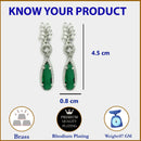 Rhodium Plated Pear Green American Diamond Contemporary Long Drop Earrings