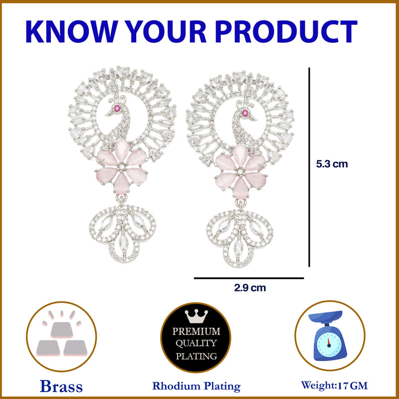 Rhodium-Plated Pink American Diamond studded Handcrafted Peacock Shaped Drop Earrings
