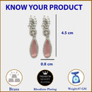Rhodium Plated Silver Toned with Pink American Diamond Small Drop Earrings
