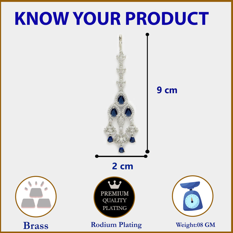 Rhodium Plated Silver Toned Blue & White American Diamond Bridal Maang Tikka With Dangling Teardrop Stones