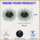 Rhodium Plated Round Floral Design with Green & White American Diamond Stud Earrings