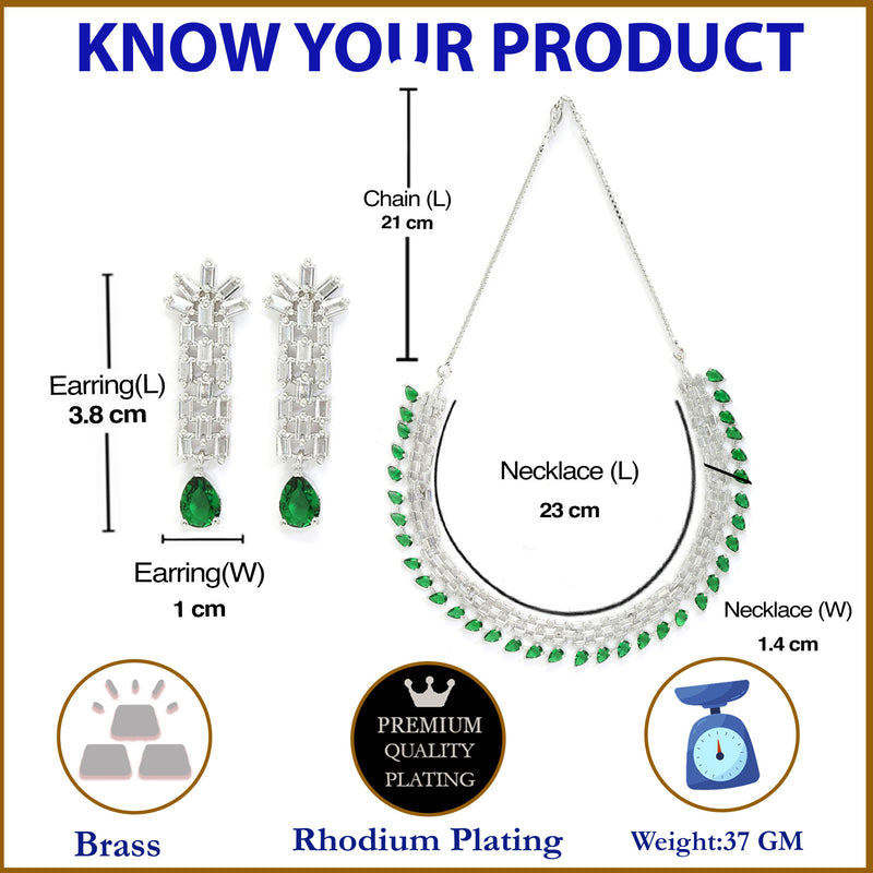 Rhodium-Plated with Silver-Toned Green and White American Diamond Studded Necklace & Earrings Jewellery Set
